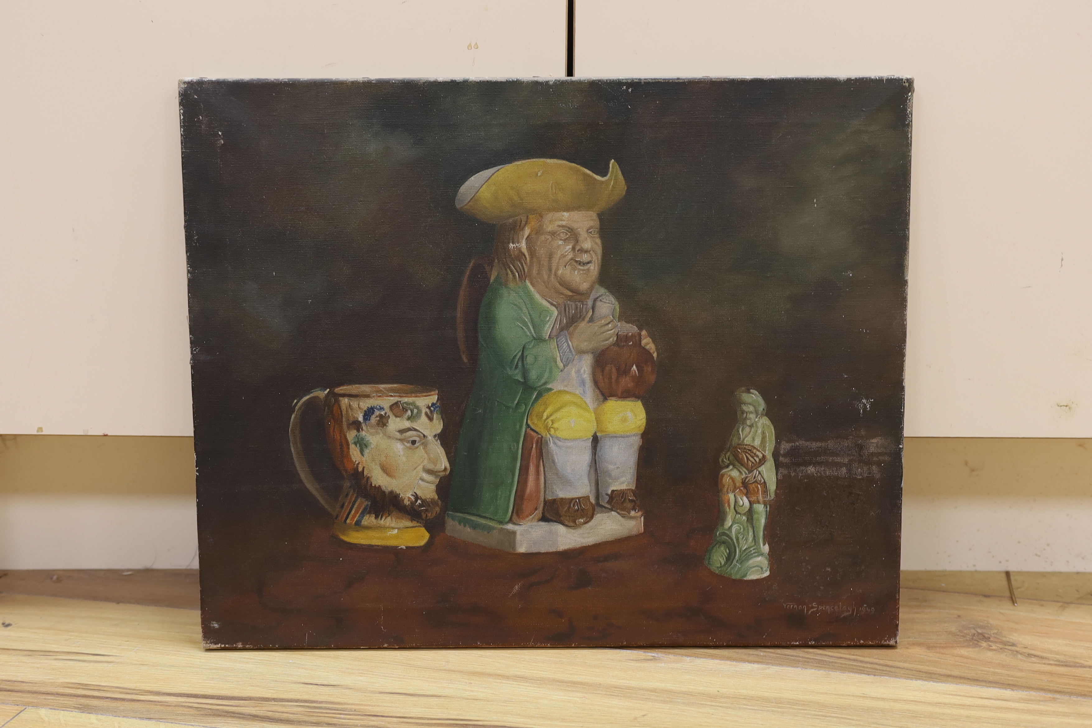 Vernon Spencelayh (American, 1891-1980), oil on canvas, Still life of Toby jug, signed and dated 1949, unframed, 40 x 50cm